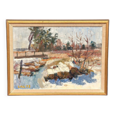 Original huile sur toile suédoise du milieu du siècle – “Vinterdag” – Vintage et encadrée