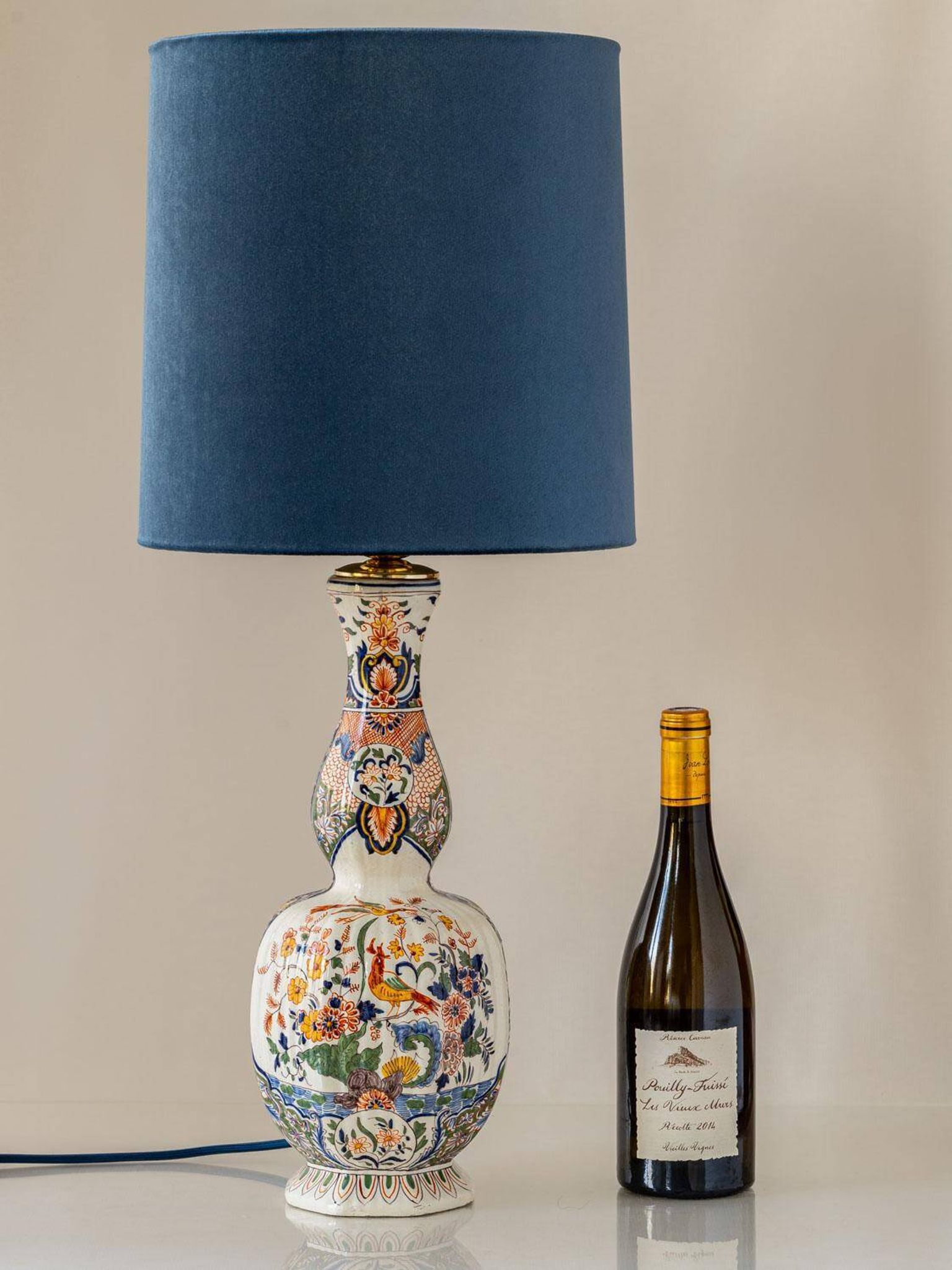 Delft-style ceramic table lamp from France around 1900 with a new blue velvet shade.