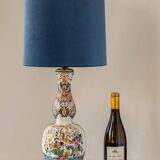 Delft-style ceramic table lamp from France around 1900 with a new blue velvet shade.