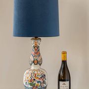 Delft-style ceramic table lamp from France around 1900 with a new blue velvet shade.