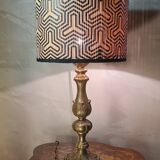 1960s neo-classical brass lamp with bamboo shade and geometric pattern.