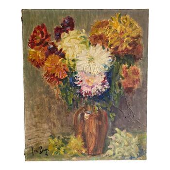 Huile sur toile ancienne , nature morte bouquet de fleurs