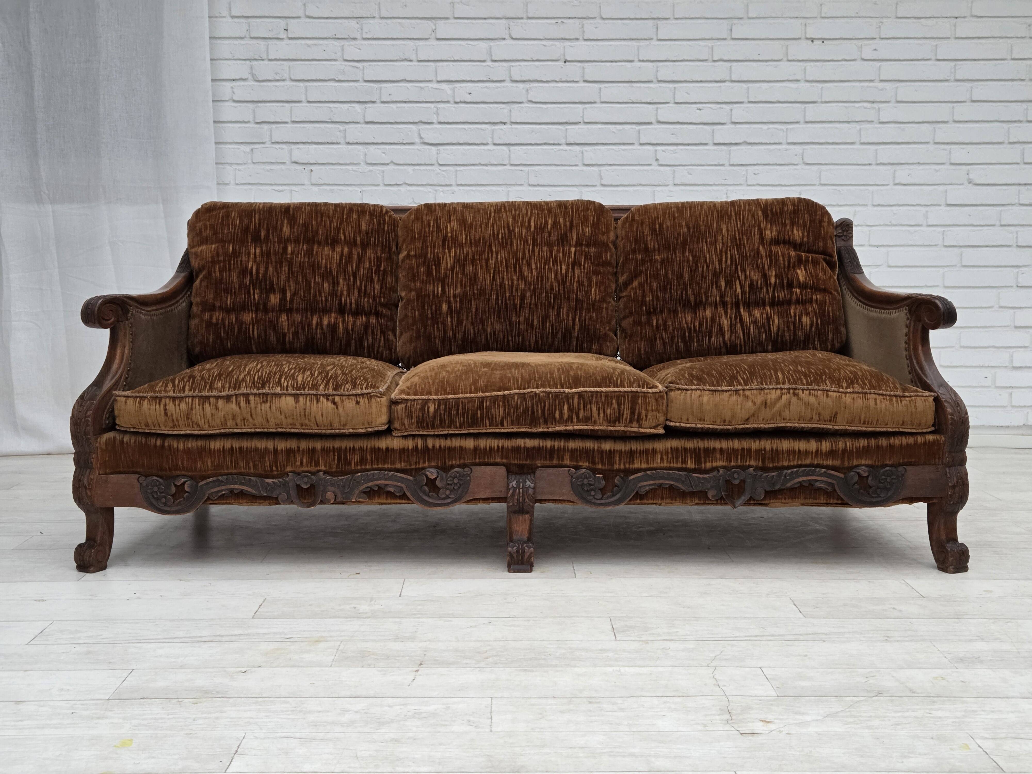1930-35s, Danish 3-seater sofa, furniture velour, furniture mesh, ash wood.