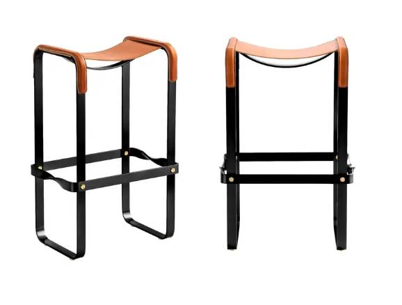 Pair of stools without a backrest in tobacco colour and black metal.