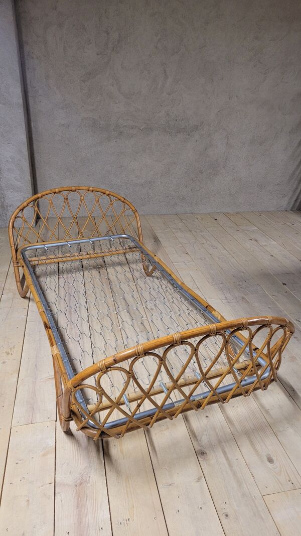 Lit banquette corbeille en rotin vintage- 1950s