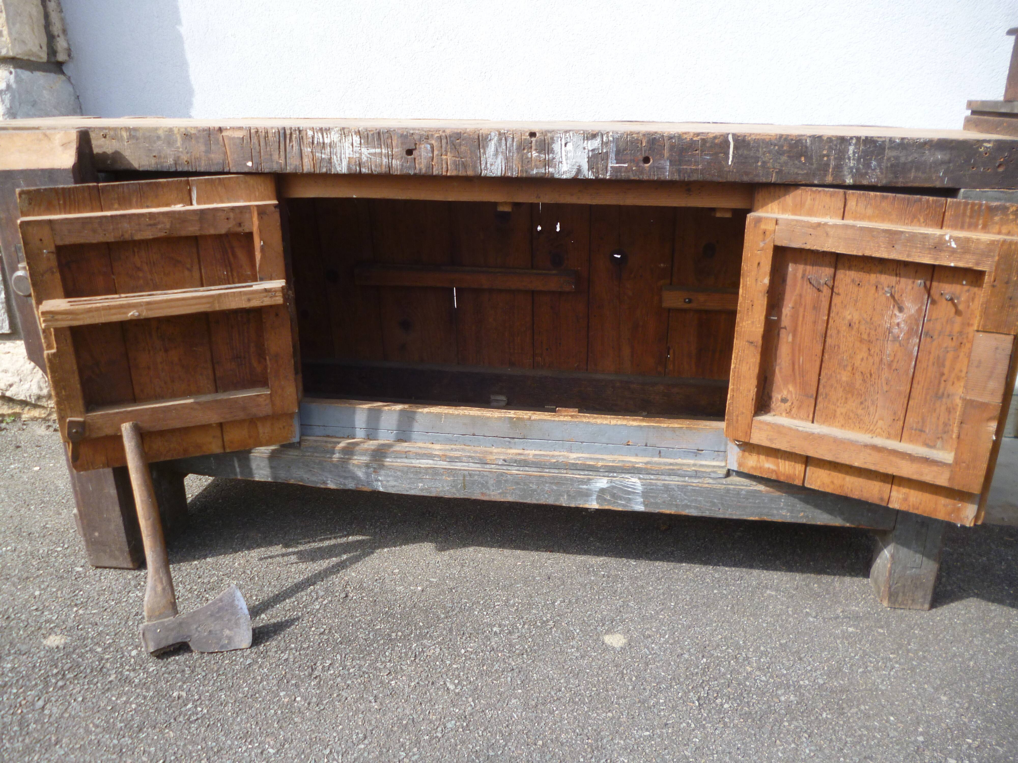 Peugeot brand old green patina wooden workbench