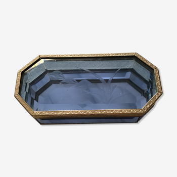 Small glass and brass jewelry box dore the 9 glass are entirely beveled in blue color