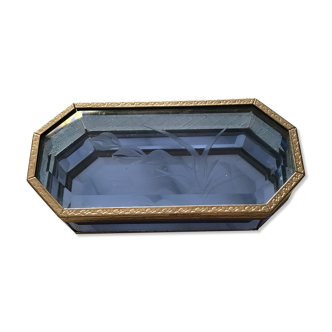 Small glass and brass jewelry box dore the 9 glass are entirely beveled in blue color