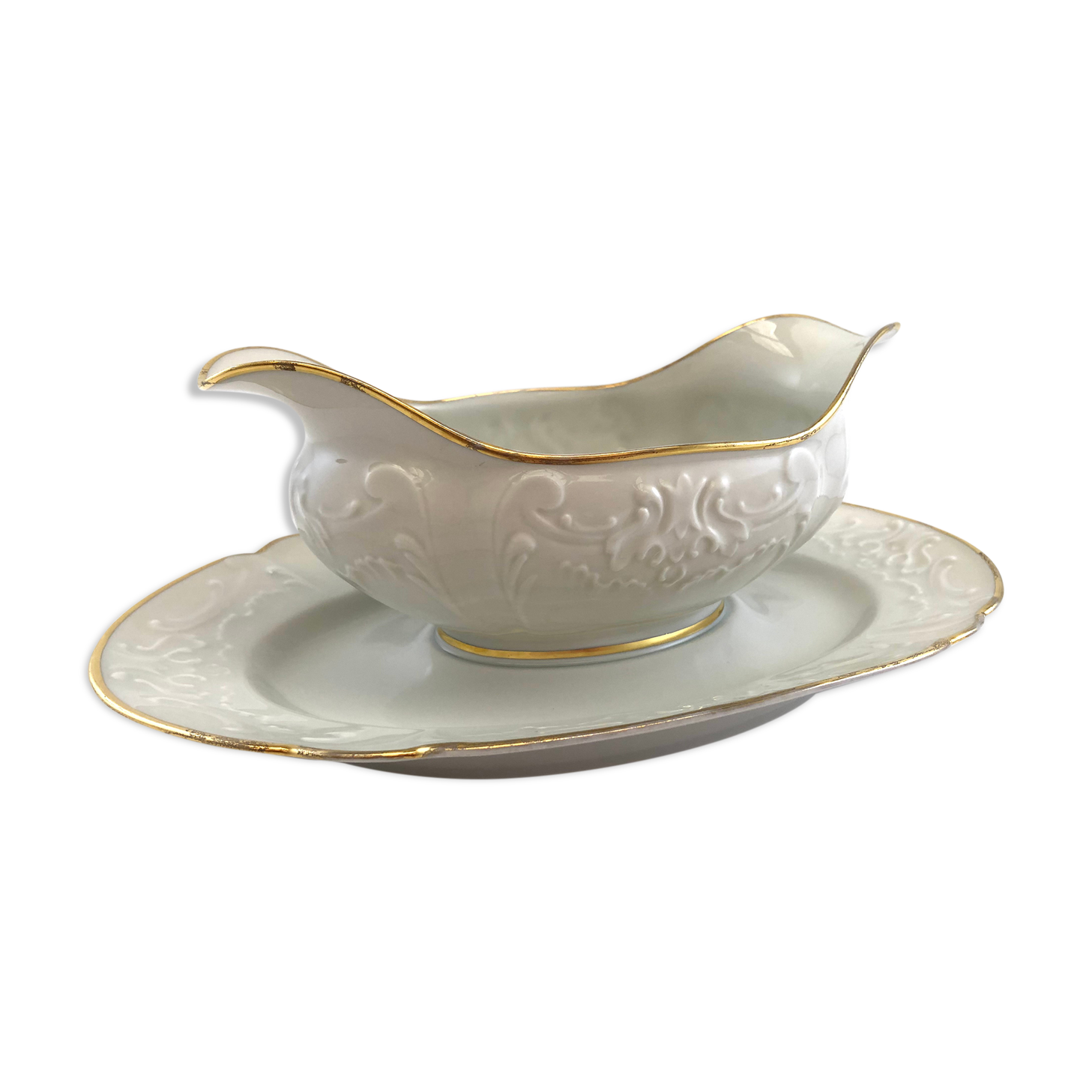 Gravy boat in white and golden porcelain Limoges flat Christmas feast