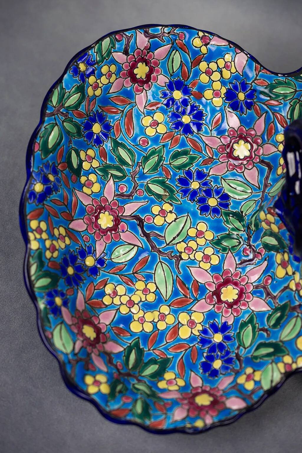 Beggar / servant in Longwy earthenware – floral decoration, 1950s