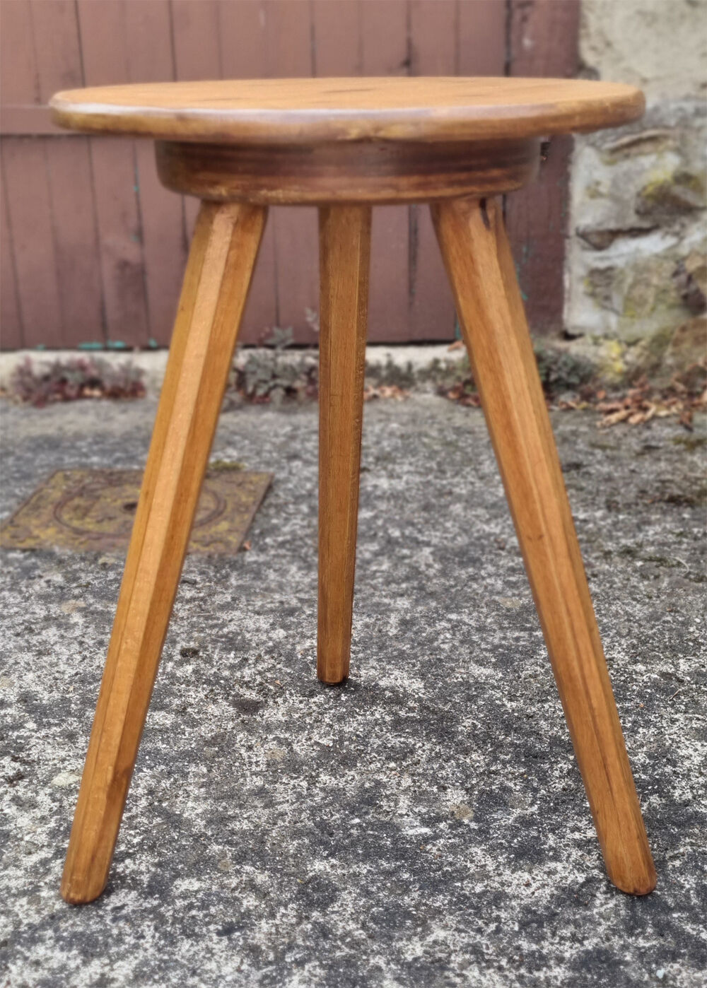 Pair of wooden tripod stools, tapered feet, vintage, 60s
