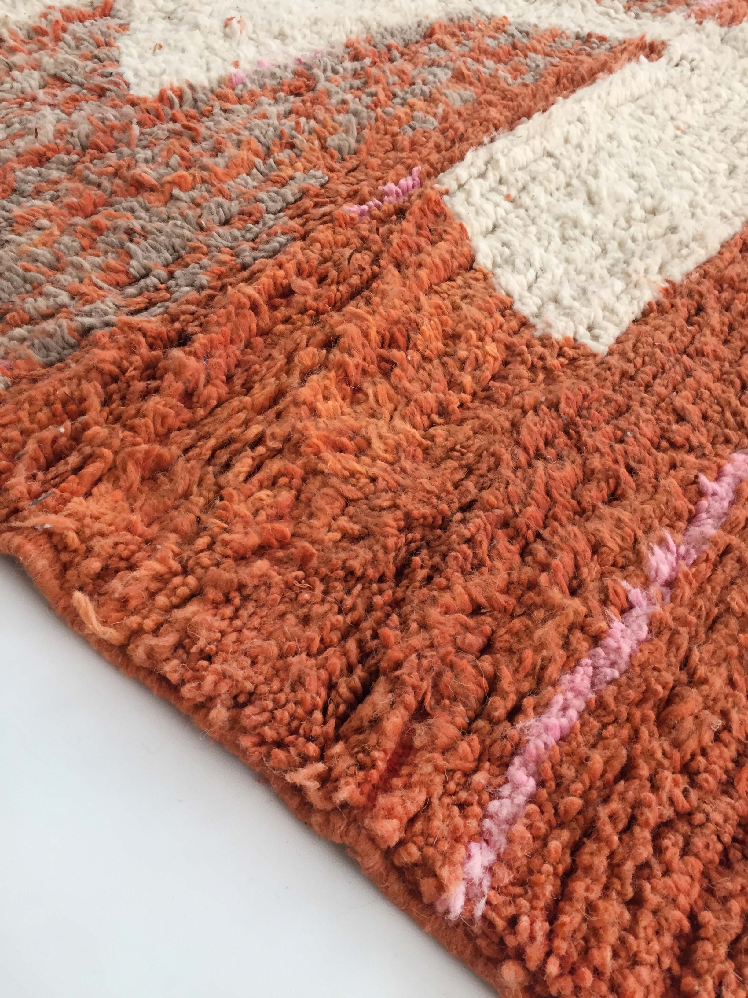 Moroccan Berber carpet Boujaad orange and ecru with colorful details 215x176cm