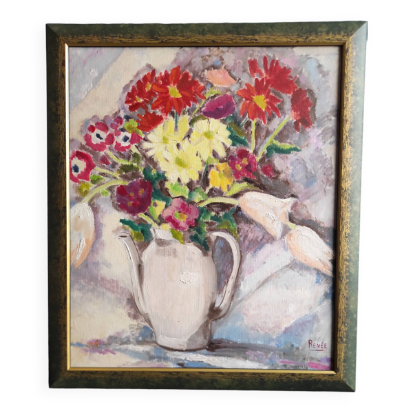 Peinture à l'huile française vintage de fleurs, signée Renée