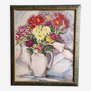 Vintage French oil painting of flowers, signed Renée