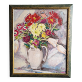 Vintage French oil painting of flowers, signed Renée