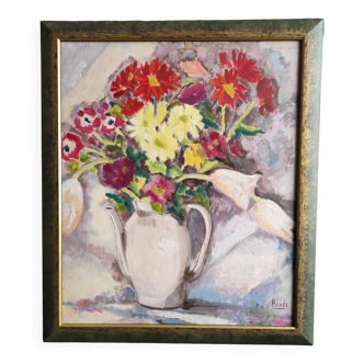 Vintage French oil painting of flowers, signed Renée