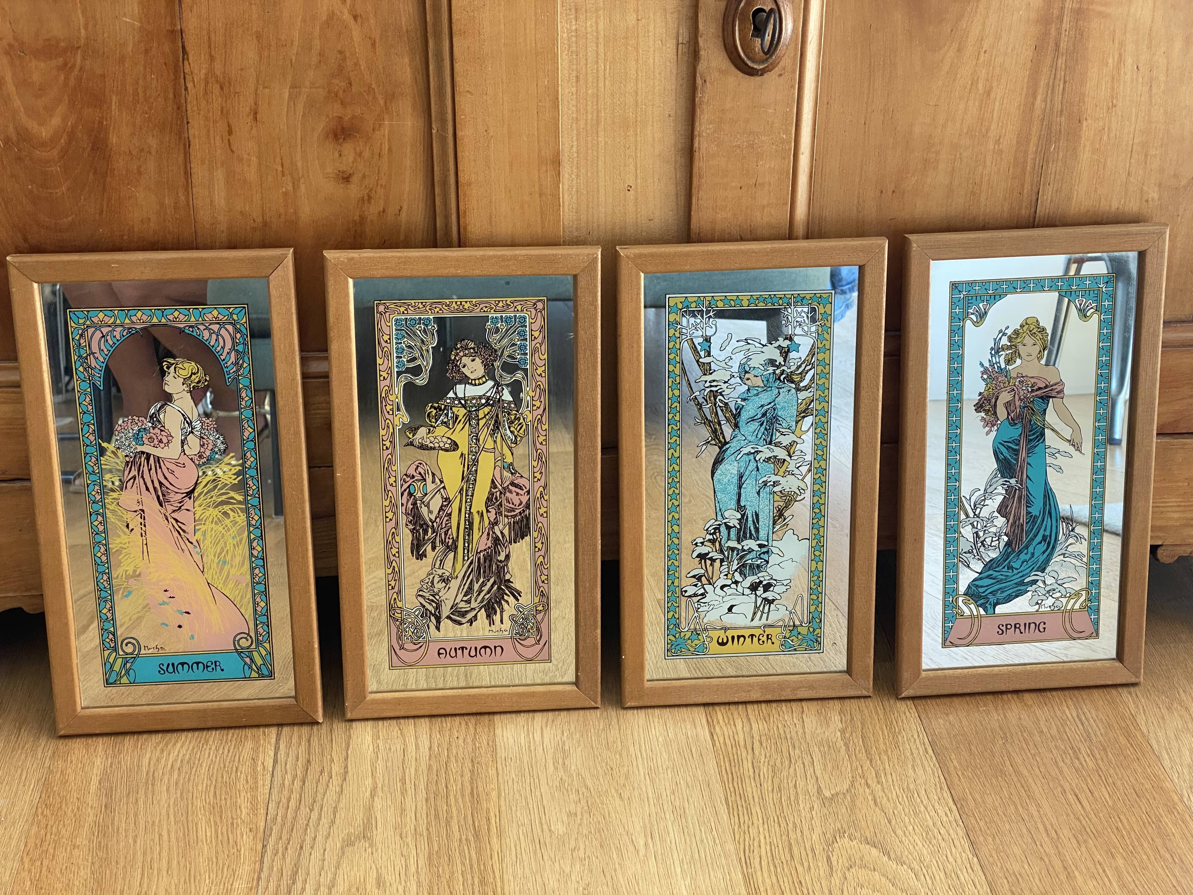 Set of 4 screen-printed Mirrors Mucha, the 4 seasons