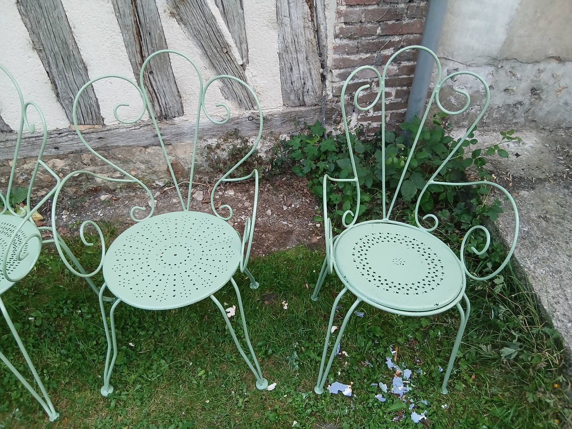 Salon de jardin 1 table 4 fauteuils fer forgé ancien vert Provence