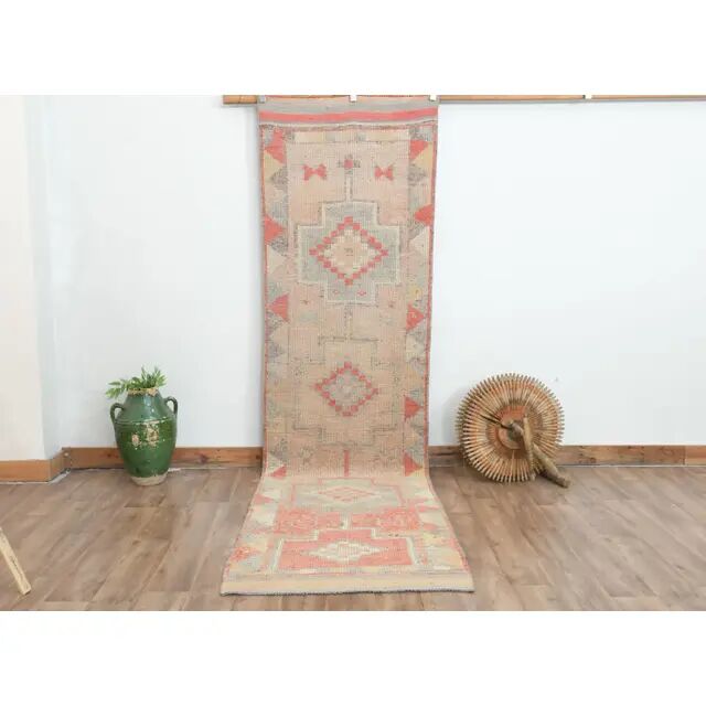 1970s Turkish Oushak Handmade Wool Cotton Orange Runner Rug 92x348