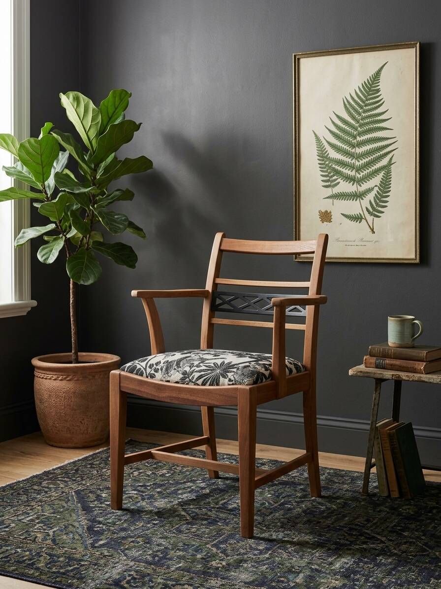 Vintage wooden armchair – Jungle chic fabric seat