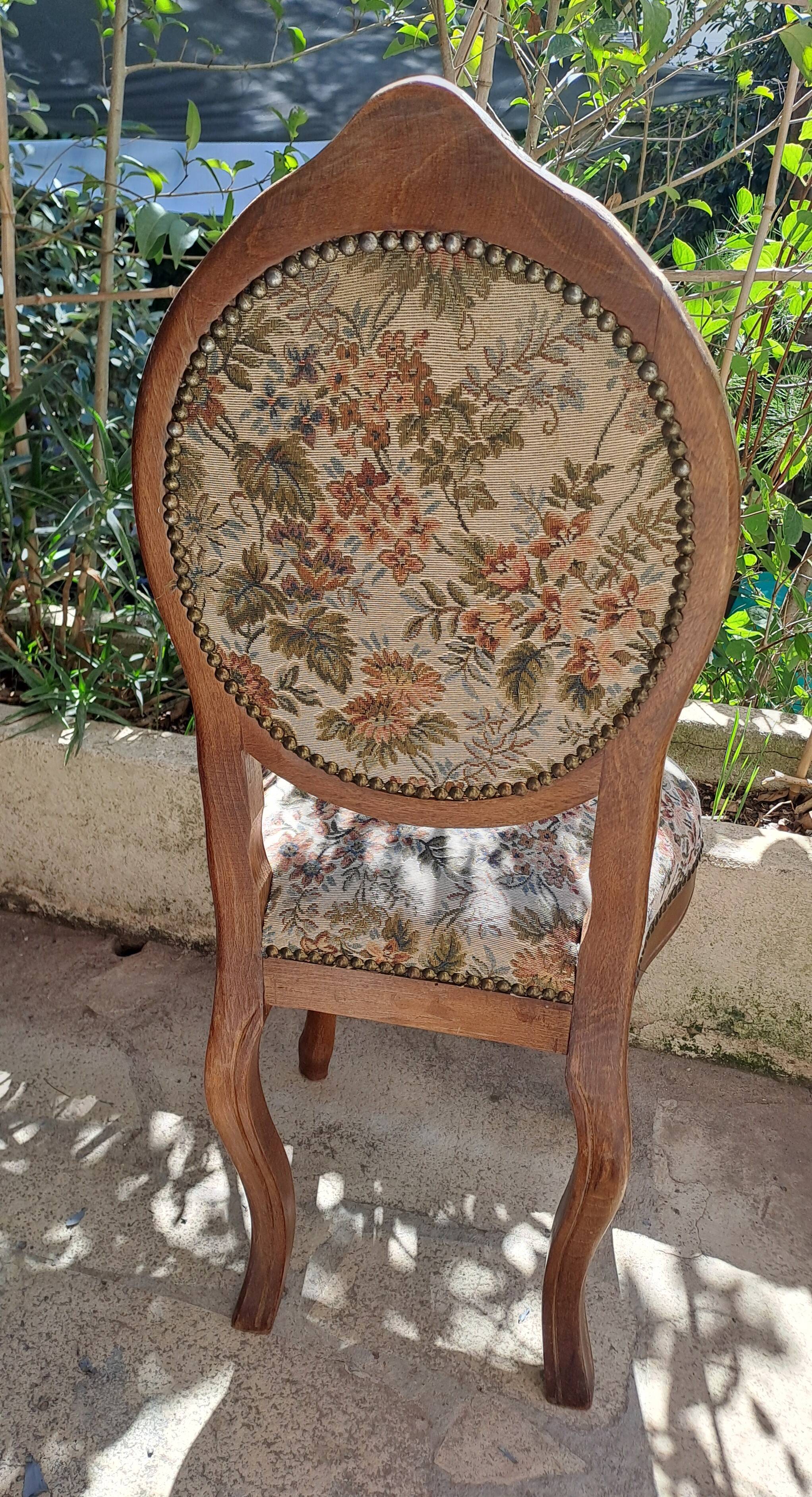 Brown varnished wooden chair 1940 Fabric chair with jacquard seat, upholstery manufacturing