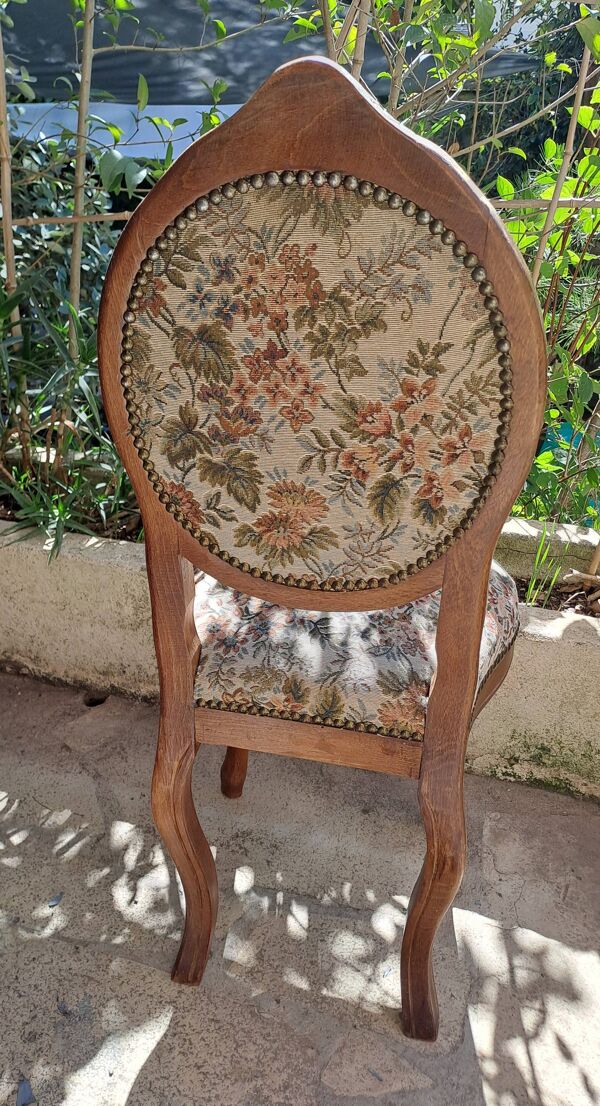 Chaise bois vernissé marron 1940 Chaise tissu assise jacquard fabrication tapissière