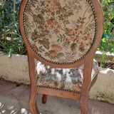Brown varnished wooden chair 1940 Fabric chair with jacquard seat, upholstery manufacturing