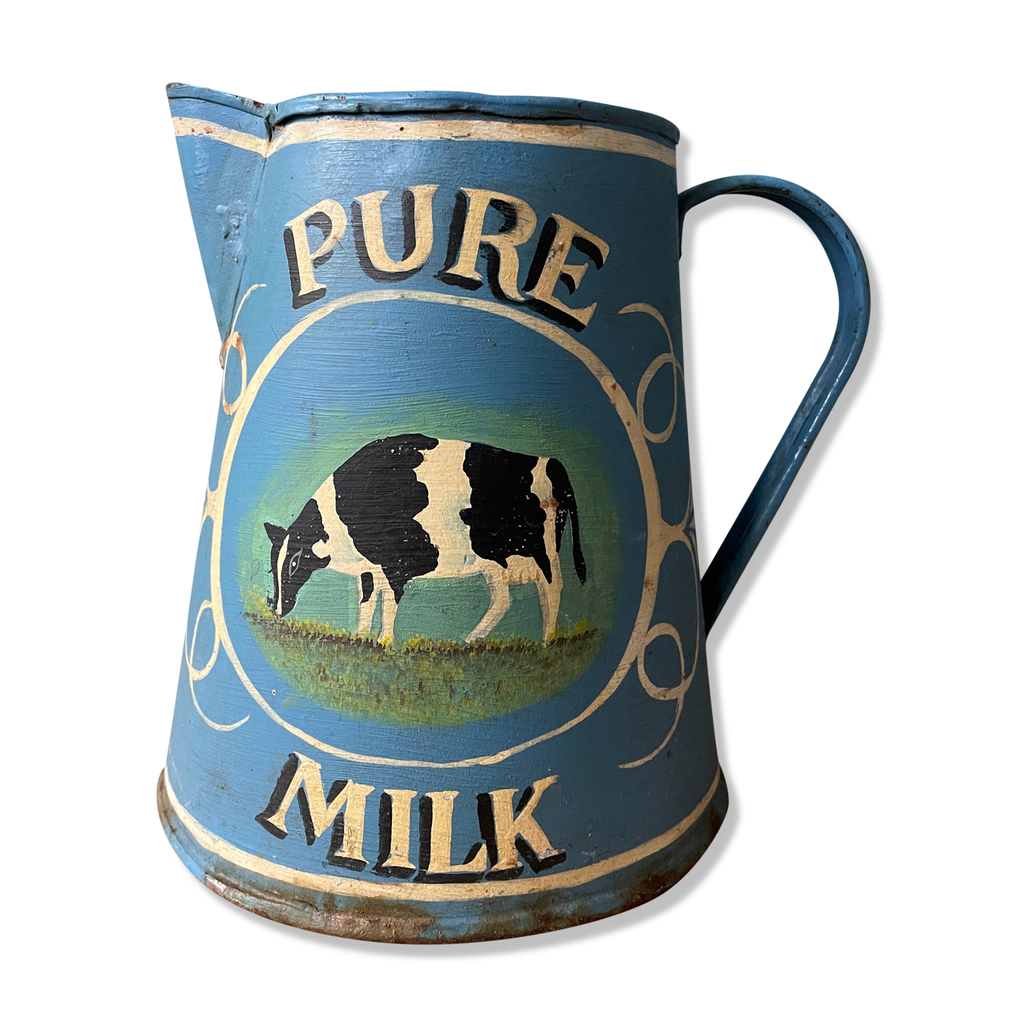 Old painted sheet metal jug or milk jug