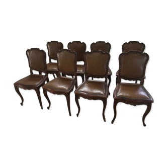 8 Louis XV oak and skai style chairs