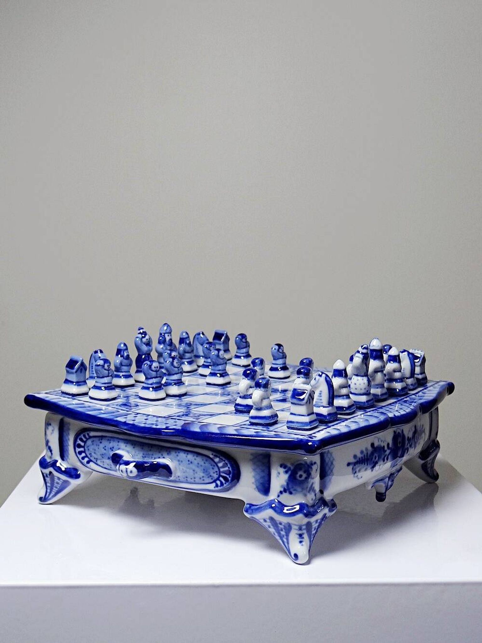 Gzhel porcelain travel chess set signed Yuri Garanin