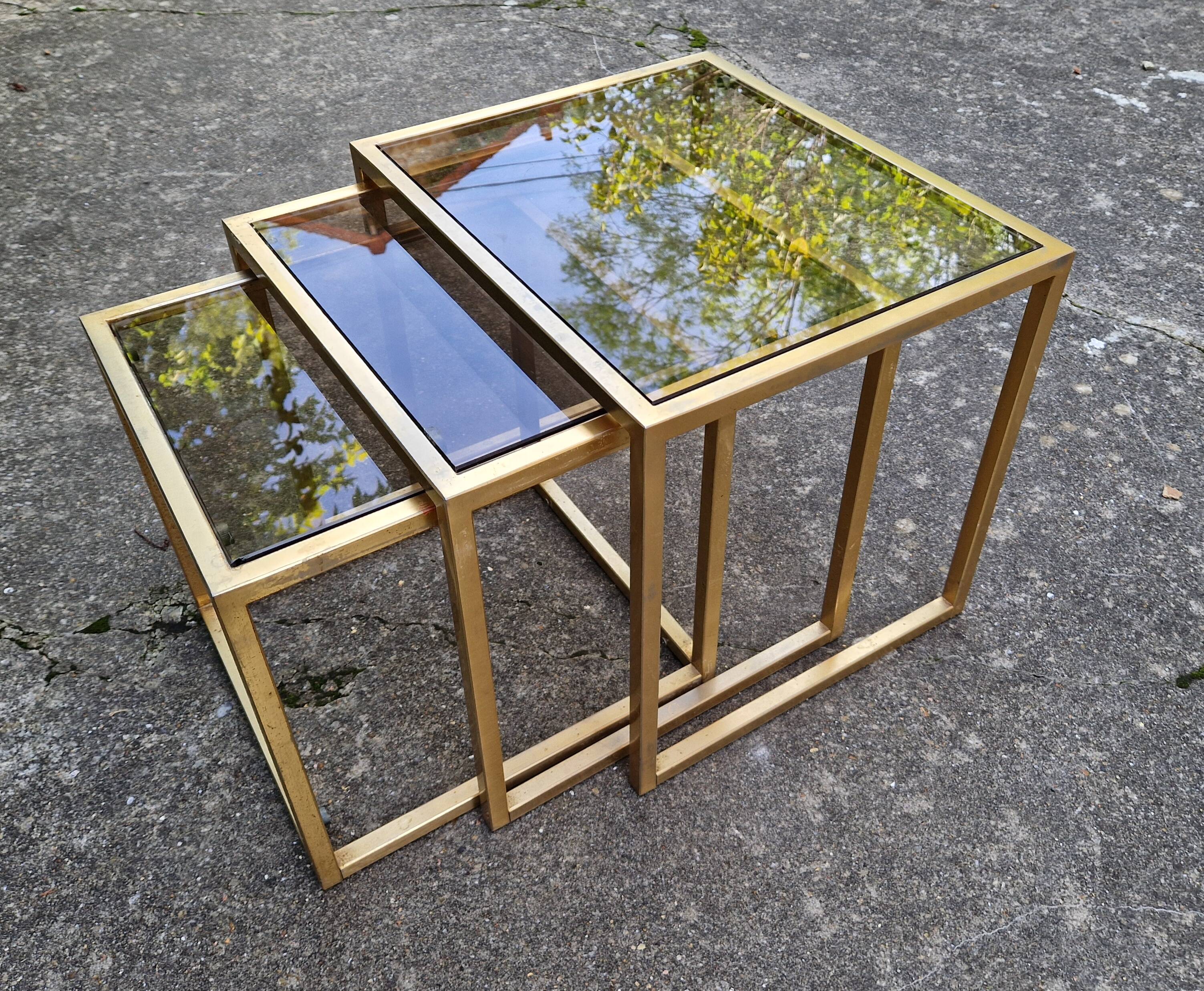 Vintage 1980s gold metal and smoked glass nesting tables