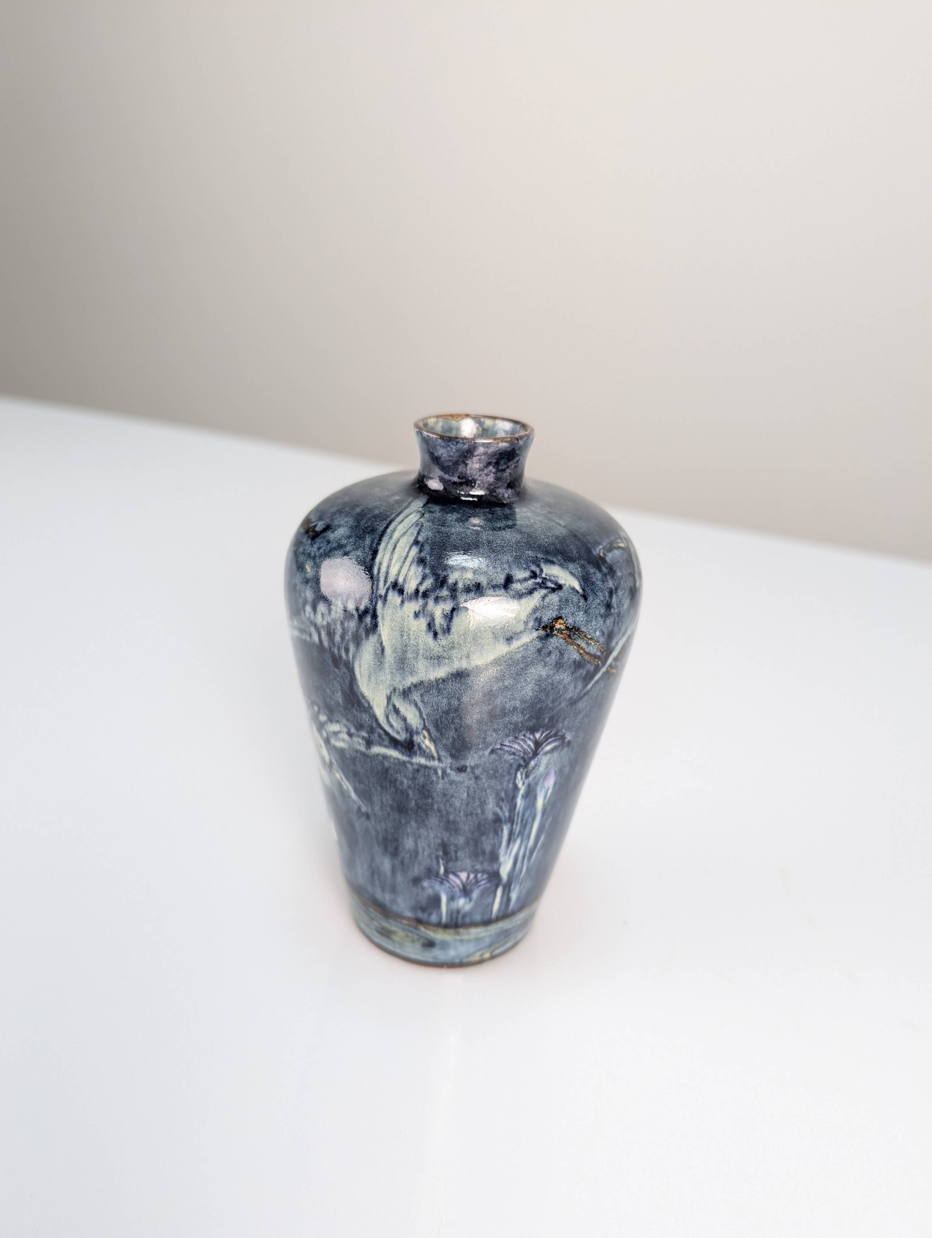 Art Nouveau Vase Herons and Flowers, J.W. Mijnlieff, Holland Utrecht 1900s