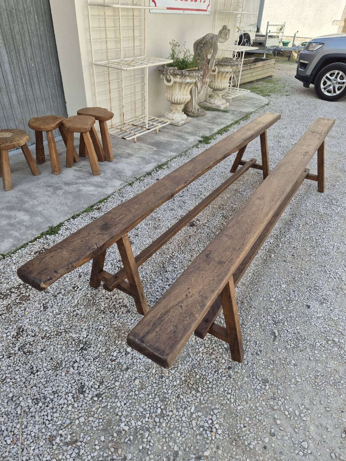 Pair of rustic solid oak farm benches 19th century - 2m90