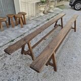 Pair of rustic solid oak farm benches 19th century - 2m90