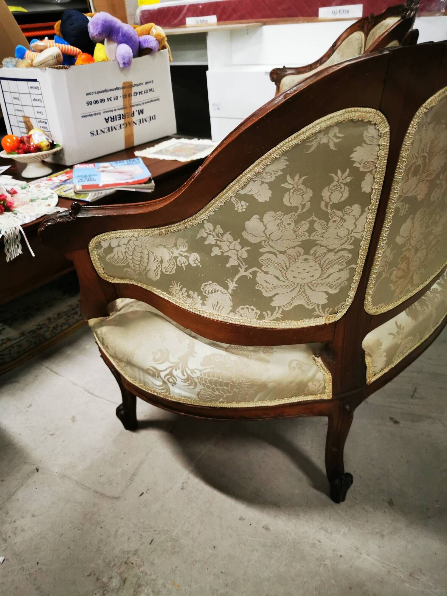 Two-seater bench + two simple armchairs + five Louis XV chairs to be reupholstered