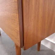 Vintage small teak cabinet with drawers, flap and black handles, hallway cabinet.