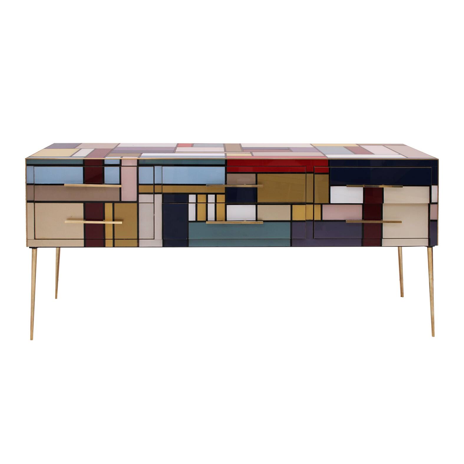 Murano Coloured Glass and Brass Sideboard Composed of 6 Drawers