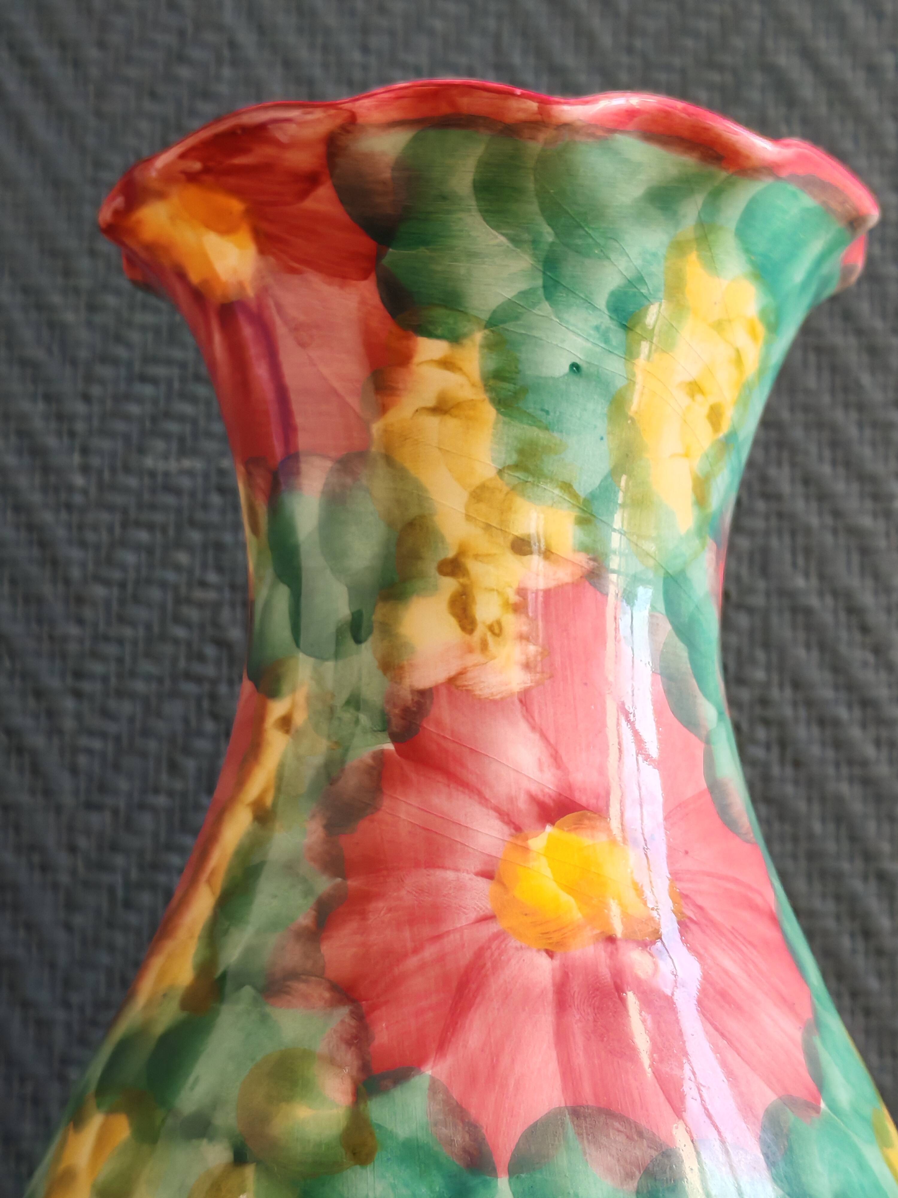 Vintage Floral Ceramic Vase - Large Barbotine Vase with Pink Flowers