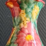 Vintage Floral Ceramic Vase - Large Barbotine Vase with Pink Flowers