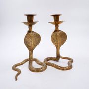 Pair of engraved brass cobra candlesticks - 1960s
