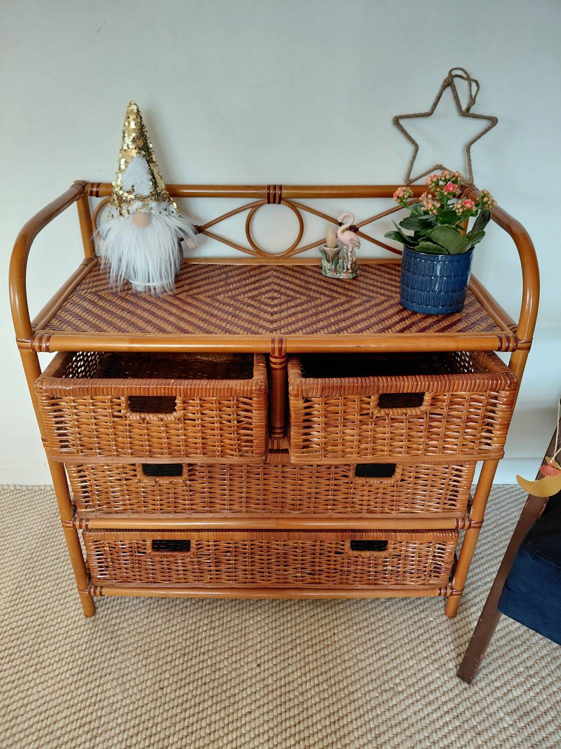 Commode vintage en rotin 4 tiroirs-esprit bohème-bord de mer