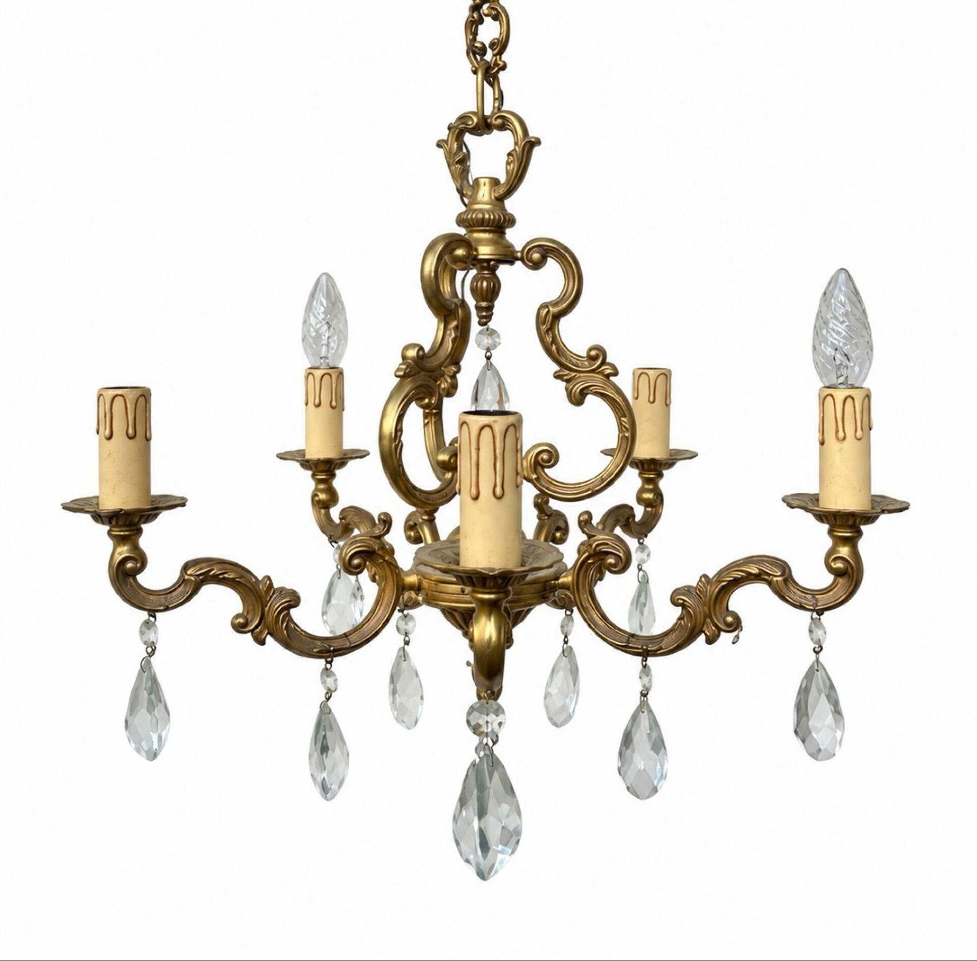 Brass chandelier with 5 branches and pendants in Louis XV style