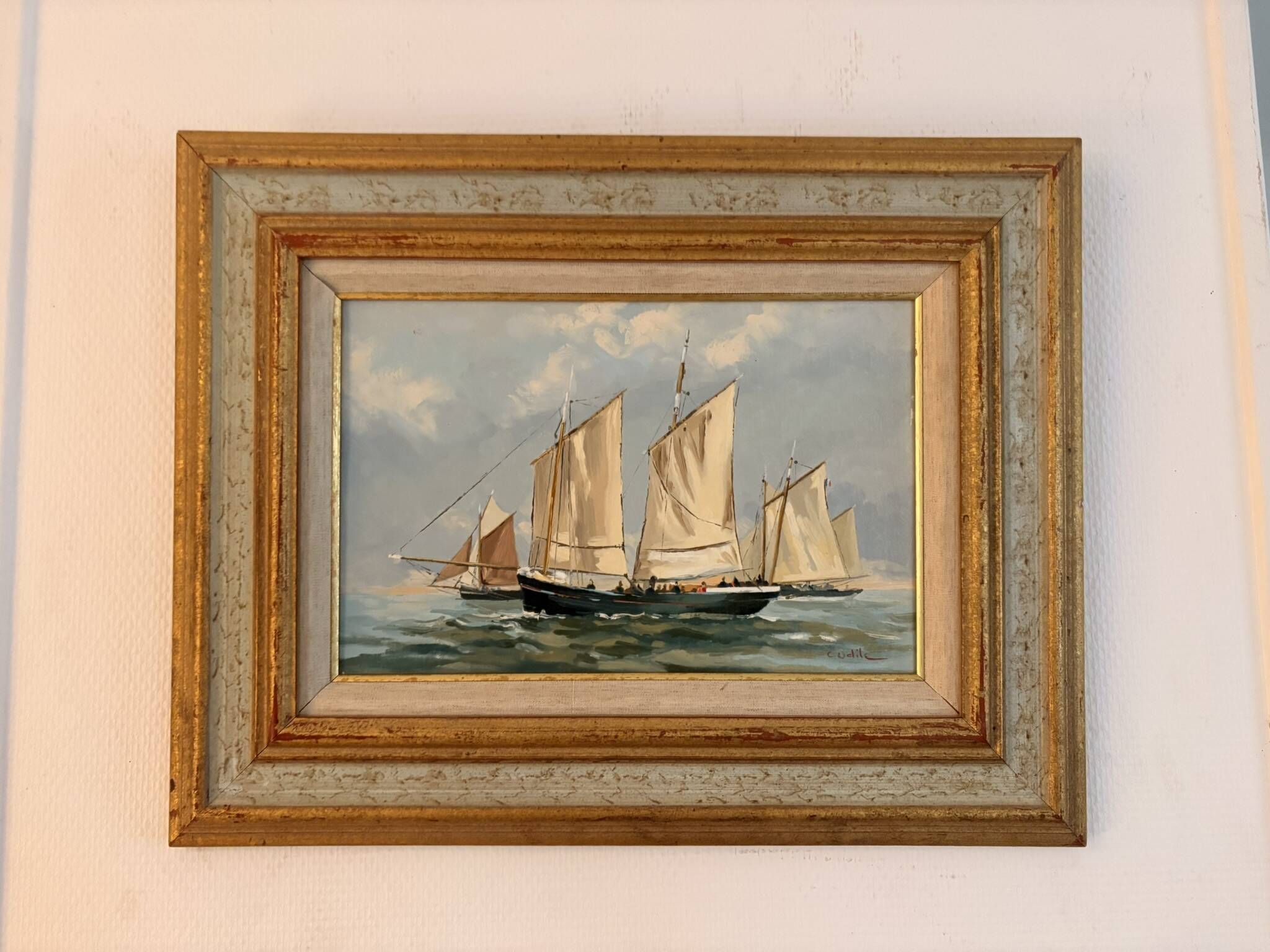 Old Oil Painting Marine Boat Signed Odile C Frigate