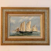 Old Oil Painting Marine Boat Signed Odile C Frigate
