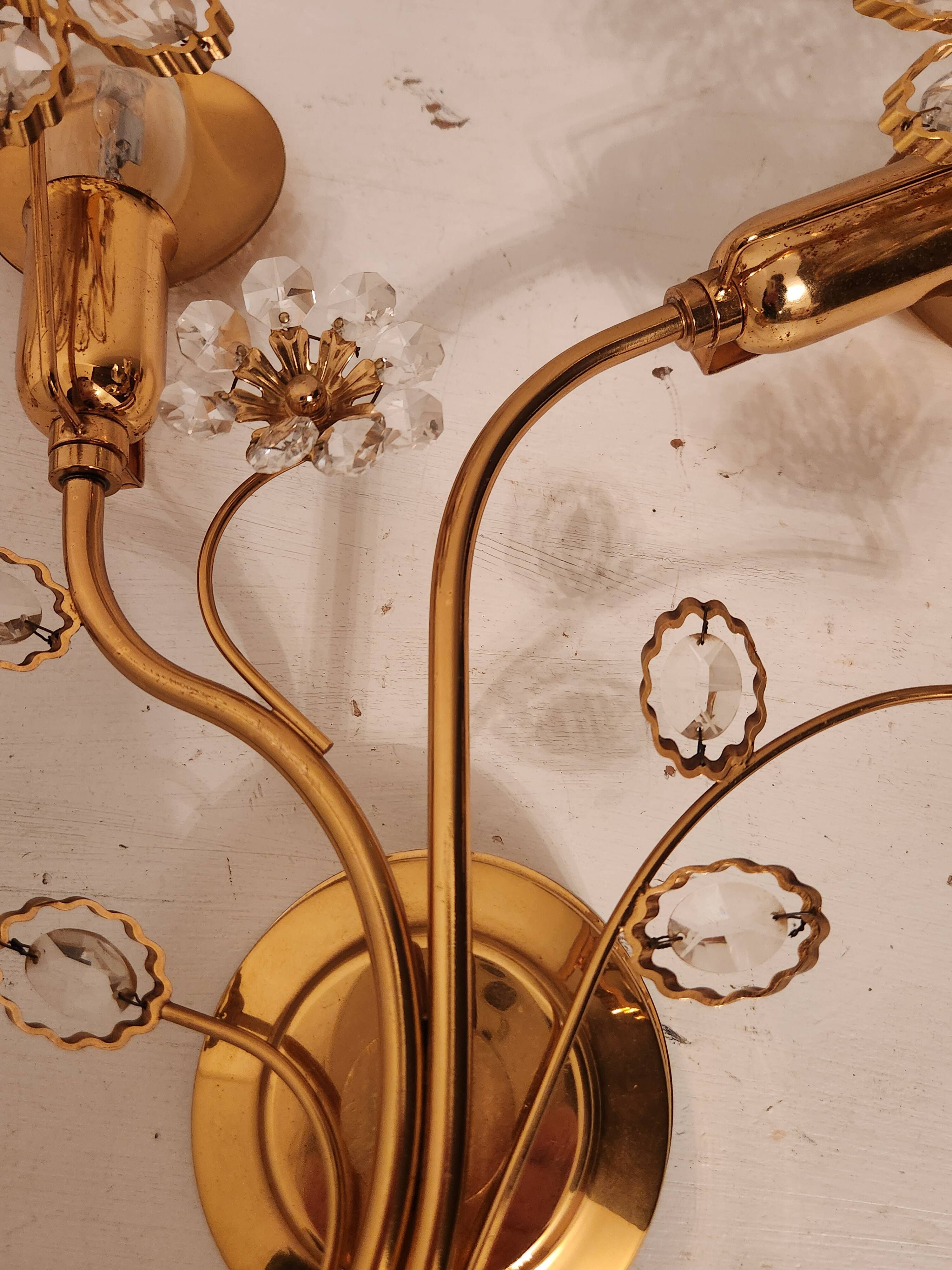 Set Hollywood Regency Wandlampe vergoldet Messing Swarovski-Kristalle Palwa
