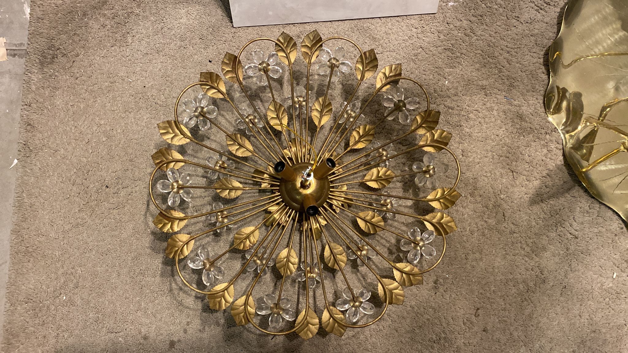 Italian gold gilded tole crystal flower flush mount, 1960s