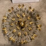 Italian gold gilded tole crystal flower flush mount, 1960s
