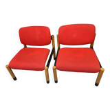 PAIR OF VINTAGE DESIGN ARMCHAIRS FROM THE 80S IN RED AND LIGHT BROS FABRIC