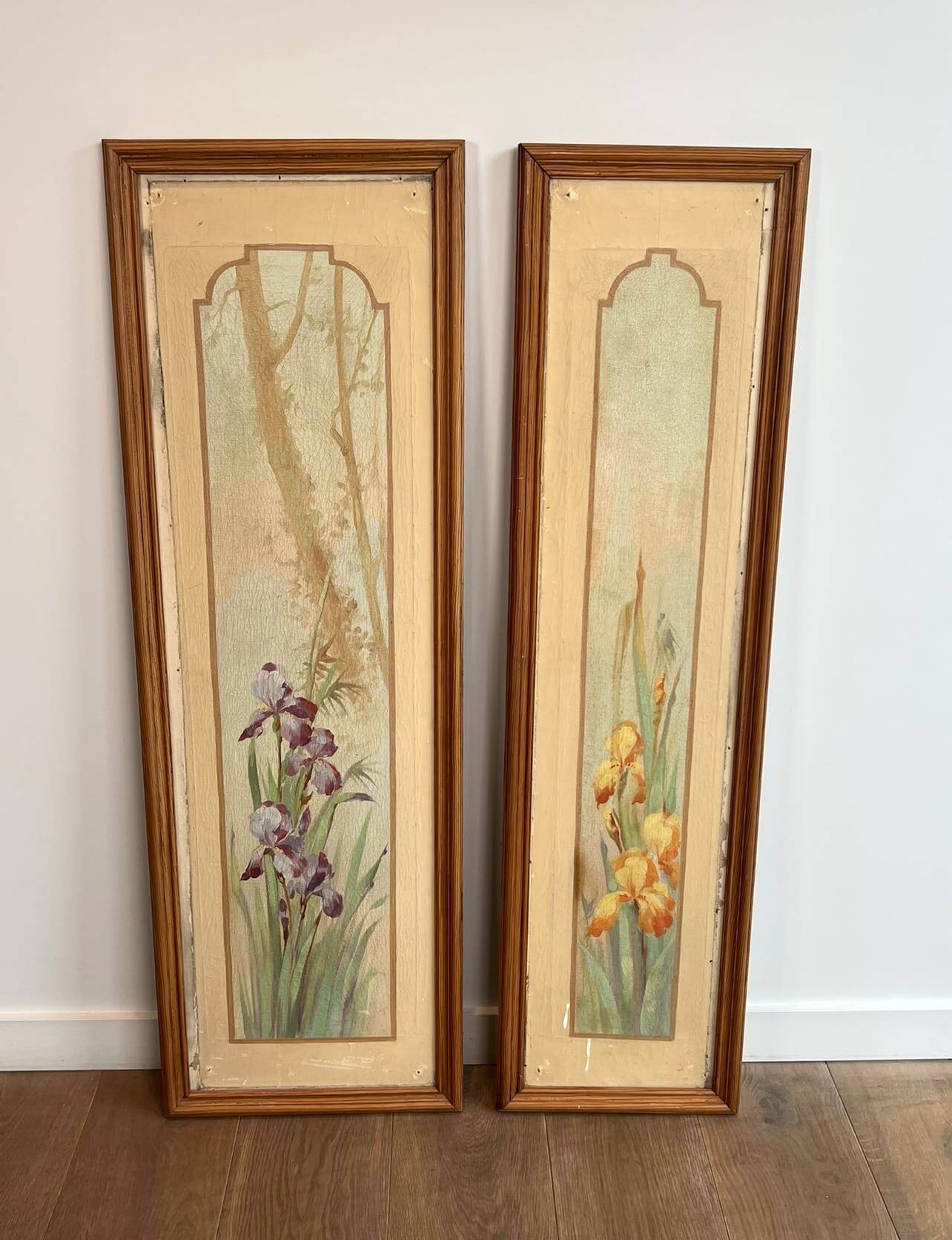 Pair of Art Nouveau Decorative Panels with Purple and Yellow Irises. Work