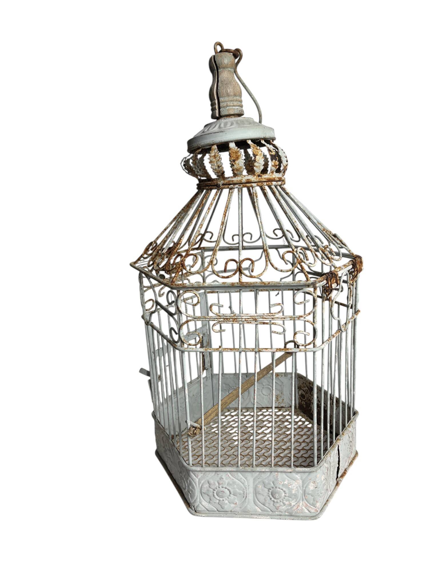 Vintage hexagonal metal birdcage from around 1940.